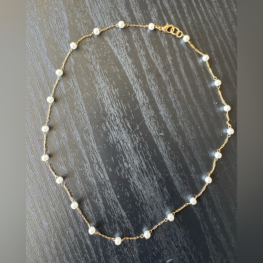 🤍Delicate Gold Beaded Station Necklace with pearl white beads